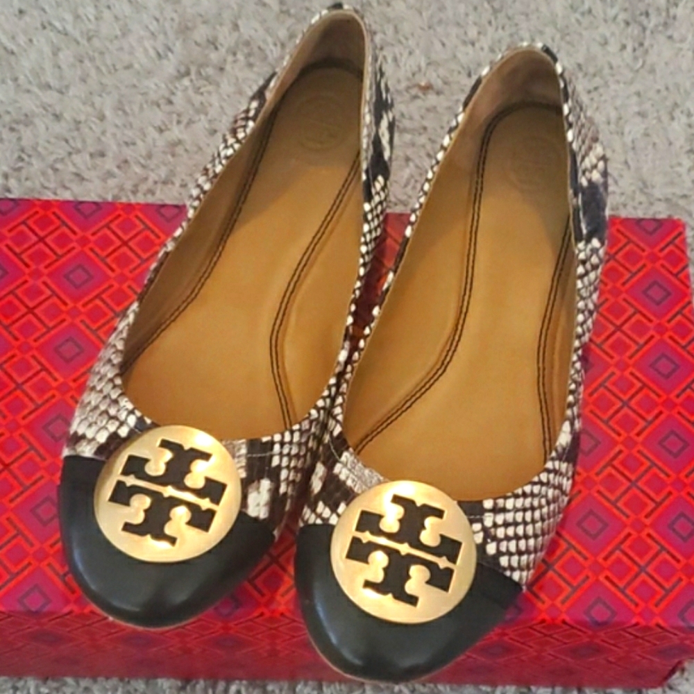 Tory Burch Minnie snake print cap toe flats